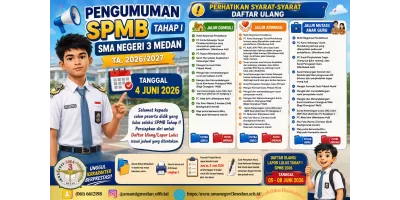 SMAN 3 Medan Resmi Umumkan Peserta Lulus SPMB 2026 Tahap I, Daftar Ulang 05–08 Juni dan Pendaftaran Tahap II Dibuka 18–24 Juni 2026